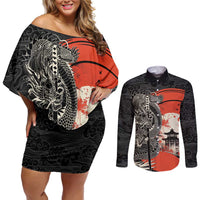 Japanese Dragon Katana Enso Couples Matching Off Shoulder Short Dress and Long Sleeve Button Shirt Japan Pagoda Seamless Cloud - Polynesian Pride