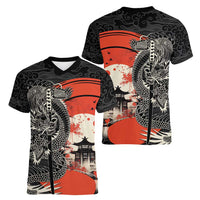 Japanese Dragon Katana Enso Women V-Neck T-Shirt Japan Pagoda Seamless Cloud - Polynesian Pride