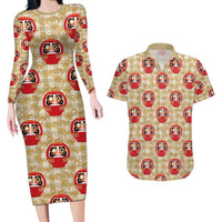Japanese Daruma Doll Couples Matching Long Sleeve Bodycon Dress and Hawaiian Shirt Palaka With Seamless Bamboo Pattern - Polynesian Pride