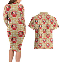 Japanese Daruma Doll Couples Matching Long Sleeve Bodycon Dress and Hawaiian Shirt Palaka With Seamless Bamboo Pattern - Polynesian Pride