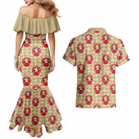 Japanese Daruma Doll Couples Matching Mermaid Dress and Hawaiian Shirt Palaka With Seamless Bamboo Pattern - Polynesian Pride