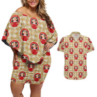 Japanese Daruma Doll Couples Matching Off Shoulder Short Dress and Hawaiian Shirt Palaka With Seamless Bamboo Pattern - Polynesian Pride