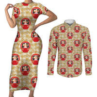 Japanese Daruma Doll Couples Matching Short Sleeve Bodycon Dress and Long Sleeve Button Shirt Palaka With Seamless Bamboo Pattern LT14 Beige - Polynesian Pride