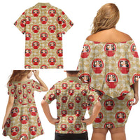 Japanese Daruma Doll Family Matching Off Shoulder Short Dress and Hawaiian Shirt Palaka With Seamless Bamboo Pattern - Polynesian Pride