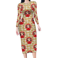 Japanese Daruma Doll Long Sleeve Bodycon Dress Palaka With Seamless Bamboo Pattern - Polynesian Pride