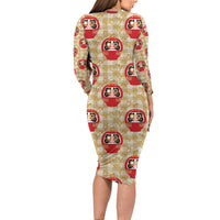 Japanese Daruma Doll Long Sleeve Bodycon Dress Palaka With Seamless Bamboo Pattern - Polynesian Pride