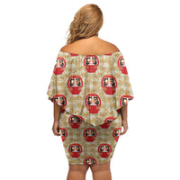 Japanese Daruma Doll Off Shoulder Short Dress Palaka With Seamless Bamboo Pattern - Polynesian Pride