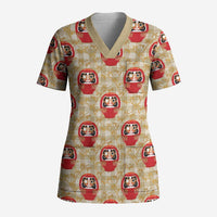 Japanese Daruma Doll Scrub Top Palaka With Seamless Bamboo Pattern - Polynesian Pride