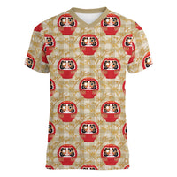 Japanese Daruma Doll Women V-Neck T-Shirt Palaka With Seamless Bamboo Pattern LT14 Female Beige - Polynesian Pride