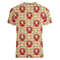 Japanese Daruma Doll Women V-Neck T-Shirt Palaka With Seamless Bamboo Pattern LT14 - Polynesian Pride