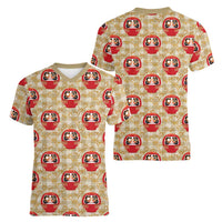 Japanese Daruma Doll Women V-Neck T-Shirt Palaka With Seamless Bamboo Pattern LT14 - Polynesian Pride