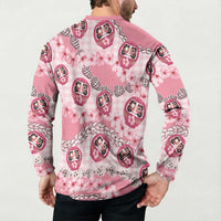 Japanese Daruma Doll Palaka Button Sweatshirt Cherry Blossoms With Shell Lei - Polynesian Pride