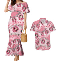 Japanese Daruma Doll Palaka Couples Matching Mermaid Dress and Hawaiian Shirt Cherry Blossoms With Shell Lei - Polynesian Pride