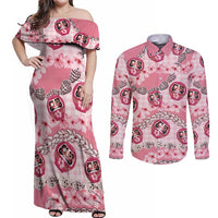 Japanese Daruma Doll Palaka Couples Matching Off Shoulder Maxi Dress and Long Sleeve Button Shirt Cherry Blossoms With Shell Lei - Polynesian Pride