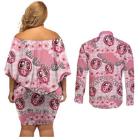 Japanese Daruma Doll Palaka Couples Matching Off Shoulder Short Dress and Long Sleeve Button Shirt Cherry Blossoms With Shell Lei - Polynesian Pride