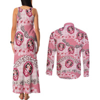 Japanese Daruma Doll Palaka Couples Matching Tank Maxi Dress and Long Sleeve Button Shirt Cherry Blossoms With Shell Lei - Polynesian Pride