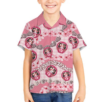 Japanese Daruma Doll Palaka Family Matching Long Sleeve Bodycon Dress and Hawaiian Shirt Cherry Blossoms With Shell Lei - Polynesian Pride