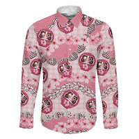 Japanese Daruma Doll Palaka Family Matching Off The Shoulder Long Sleeve Dress and Hawaiian Shirt Cherry Blossoms With Shell Lei - Polynesian Pride