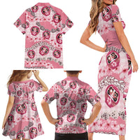 Japanese Daruma Doll Palaka Family Matching Short Sleeve Bodycon Dress and Hawaiian Shirt Cherry Blossoms With Shell Lei - Polynesian Pride