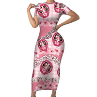 Japanese Daruma Doll Palaka Family Matching Short Sleeve Bodycon Dress and Hawaiian Shirt Cherry Blossoms With Shell Lei - Polynesian Pride