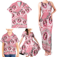 Japanese Daruma Doll Palaka Family Matching Tank Maxi Dress and Hawaiian Shirt Cherry Blossoms With Shell Lei - Polynesian Pride