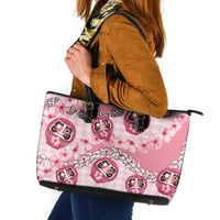 Japanese Daruma Doll Palaka Leather Tote Bag Cherry Blossoms With Shell Lei - Polynesian Pride
