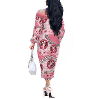 Japanese Daruma Doll Palaka Off The Shoulder Long Sleeve Dress Cherry Blossoms With Shell Lei - Polynesian Pride