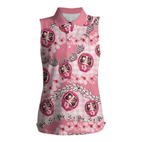 Japanese Daruma Doll Palaka Women Sleeveless Polo Shirt Cherry Blossoms With Shell Lei - Polynesian Pride