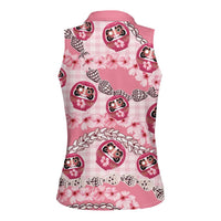 Japanese Daruma Doll Palaka Women Sleeveless Polo Shirt Cherry Blossoms With Shell Lei - Polynesian Pride