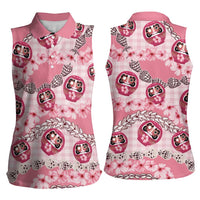 Japanese Daruma Doll Palaka Women Sleeveless Polo Shirt Cherry Blossoms With Shell Lei - Polynesian Pride