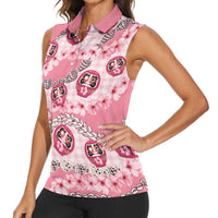 Japanese Daruma Doll Palaka Women Sleeveless Polo Shirt Cherry Blossoms With Shell Lei - Polynesian Pride