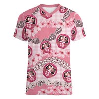 Japanese Daruma Doll Palaka Women V-Neck T-Shirt Cherry Blossoms With Shell Lei - Polynesian Pride