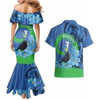 New Zealand Chatham Islands Couples Matching Mermaid Dress and Hawaiian Shirt Wharekauri Forget Me Not With Black Robin