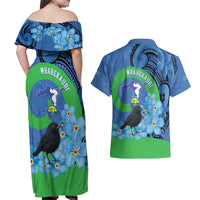 New Zealand Chatham Islands Couples Matching Off Shoulder Maxi Dress and Hawaiian Shirt Wharekauri Forget Me Not With Black Robin
