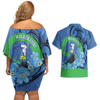New Zealand Chatham Islands Couples Matching Off Shoulder Short Dress and Hawaiian Shirt Wharekauri Forget Me Not With Black Robin