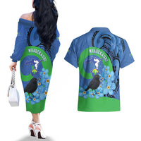 New Zealand Chatham Islands Couples Matching Off The Shoulder Long Sleeve Dress and Hawaiian Shirt Wharekauri Forget Me Not With Black Robin