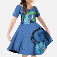 New Zealand Chatham Islands Family Matching Long Sleeve Bodycon Dress and Hawaiian Shirt Wharekauri Forget Me Not With Black Robin LT14 Daughter's Dress Blue - Polynesian Pride