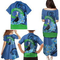 New Zealand Chatham Islands Family Matching Puletasi and Hawaiian Shirt Wharekauri Forget Me Not With Black Robin