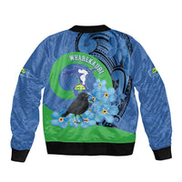 New Zealand Chatham Islands Sleeve Zip Bomber Jacket Wharekauri Forget Me Not With Black Robin LT14 - Polynesian Pride