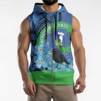 New Zealand Chatham Islands Sleeveless Zip Hoodie Wharekauri Forget Me Not With Black Robin - Polynesian Pride