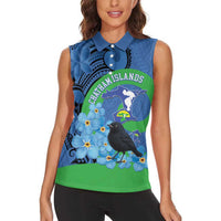 New Zealand Chatham Islands Women Sleeveless Polo Shirt Wharekauri Forget Me Not With Black Robin