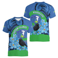 New Zealand Chatham Islands Women V-Neck T-Shirt Wharekauri Forget Me Not With Black Robin