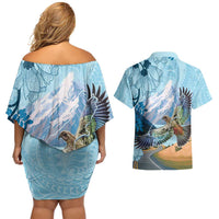 New Zealand South Island Couples Matching Off Shoulder Short Dress and Hawaiian Shirt Te Waipounamu Aoraki Kea Bird