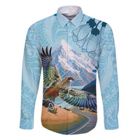 New Zealand South Island Family Matching Mermaid Dress and Hawaiian Shirt Te Waipounamu Aoraki Kea Bird LT14 Dad's Shirt - Long Sleeve Blue - Polynesian Pride