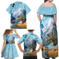 New Zealand South Island Family Matching Off Shoulder Maxi Dress and Hawaiian Shirt Te Waipounamu Aoraki Kea Bird