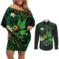 Polynesia Mental Health Awareness Couples Matching Off Shoulder Short Dress and Long Sleeve Button Shirt Green Ribbon Be Kind To Your Mind
