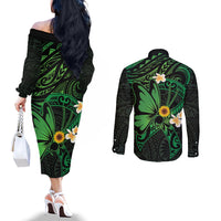 Polynesia Mental Health Awareness Couples Matching Off The Shoulder Long Sleeve Dress and Long Sleeve Button Shirt Green Ribbon Be Kind To Your Mind