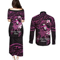 Polynesia Breast Cancer Awareness Couples Matching Puletasi and Long Sleeve Button Shirt Pink Ribbon No One Fights Alone - Black LT14 - Polynesian Pride