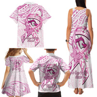 Polynesia Breast Cancer Awareness Family Matching Tank Maxi Dress and Hawaiian Shirt Pink Ribbon No One Fights Alone - White