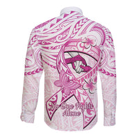 Polynesia Breast Cancer Awareness Long Sleeve Button Shirt Pink Ribbon No One Fights Alone - White